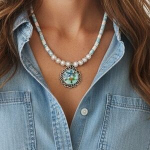 Handmade Clay Bead Resin Vintage Style Picture Pendant Necklace